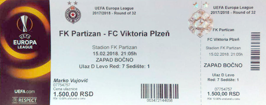 15.02.2018. 21:05h - Partizan - Viktoria Plzen